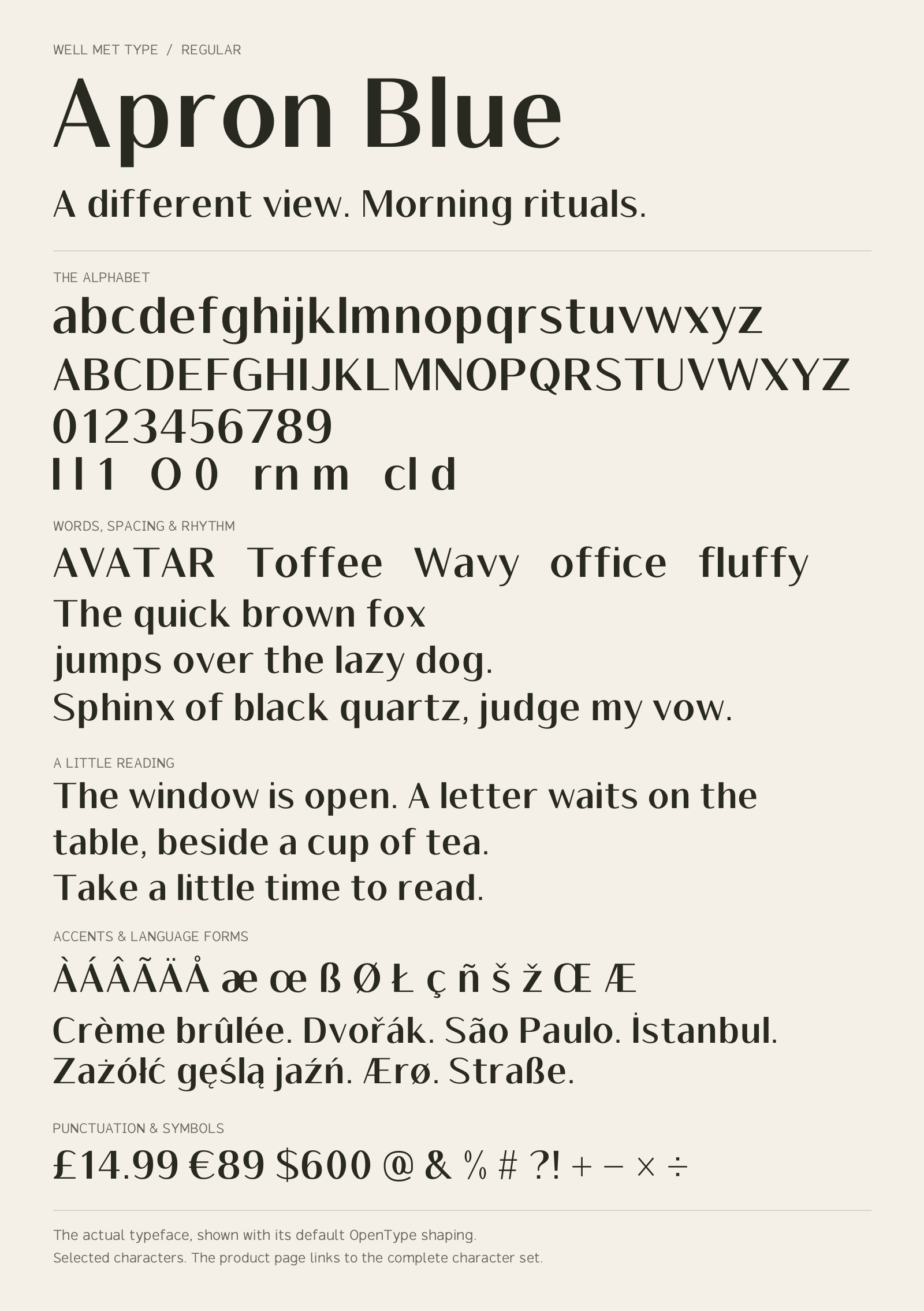 Apron Blue Regular alphabet sheet: uppercase, lowercase, numbers, sample words, accents and symbols.