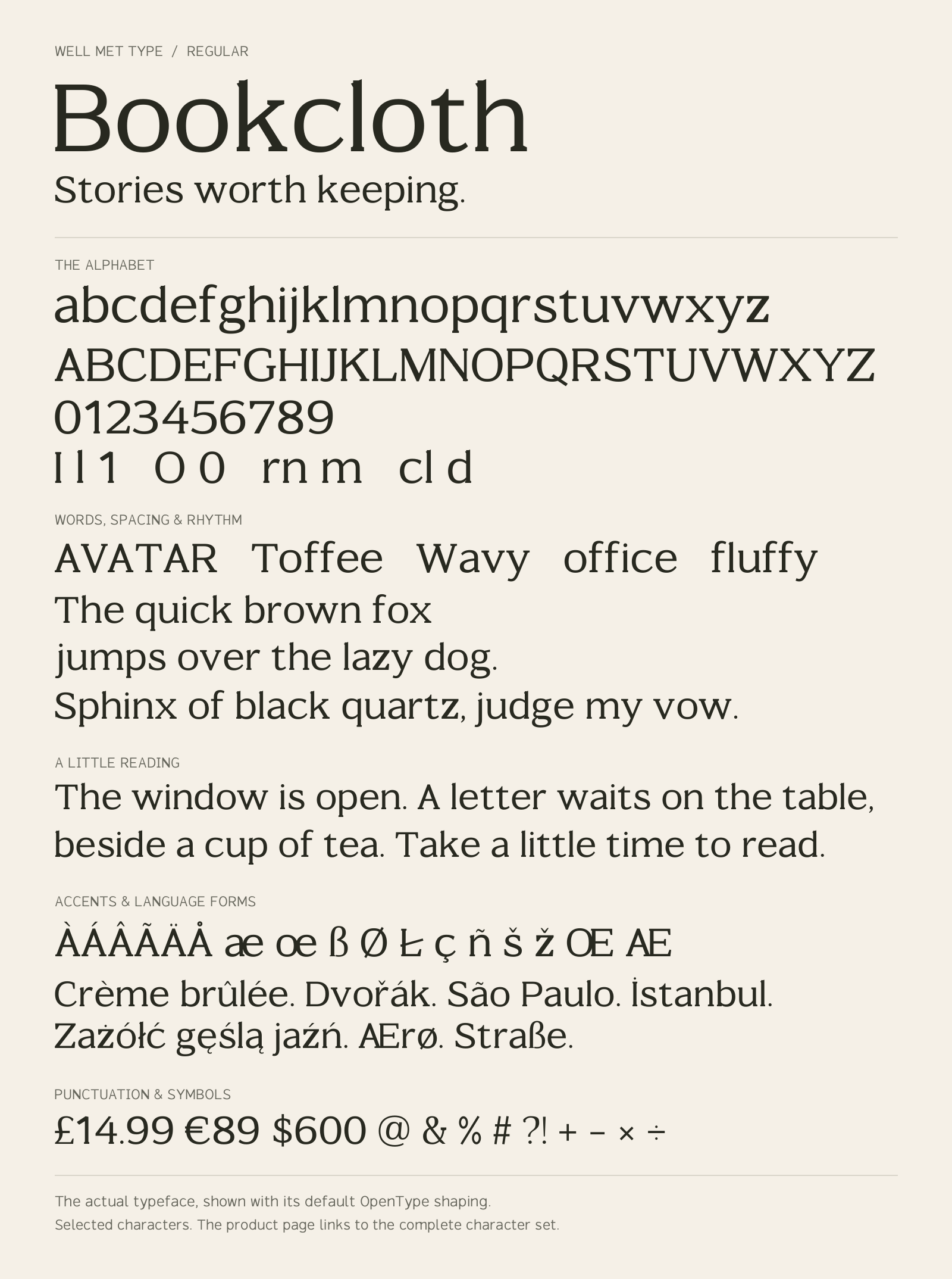 Bookcloth Regular alphabet sheet: uppercase, lowercase, numbers, sample words, accents and symbols.