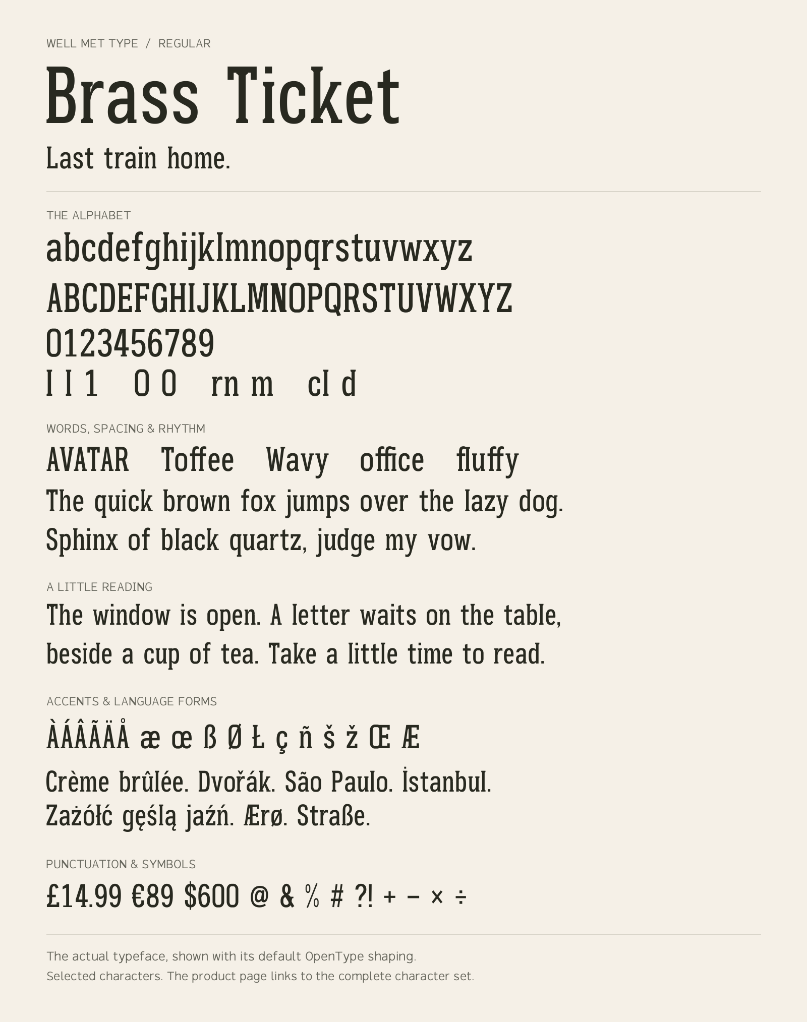 Brass Ticket Regular alphabet sheet: uppercase, lowercase, numbers, sample words, accents and symbols.
