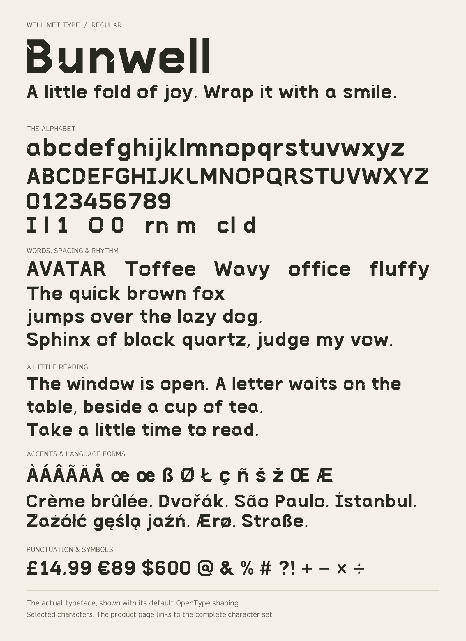 Bunwell Regular alphabet sheet: uppercase, lowercase, numbers, sample words, accents and symbols.