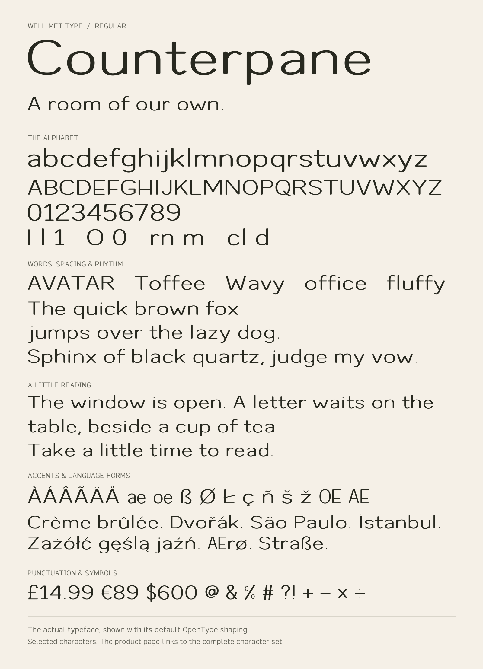 Counterpane Regular alphabet sheet: uppercase, lowercase, numbers, sample words, accents and symbols.