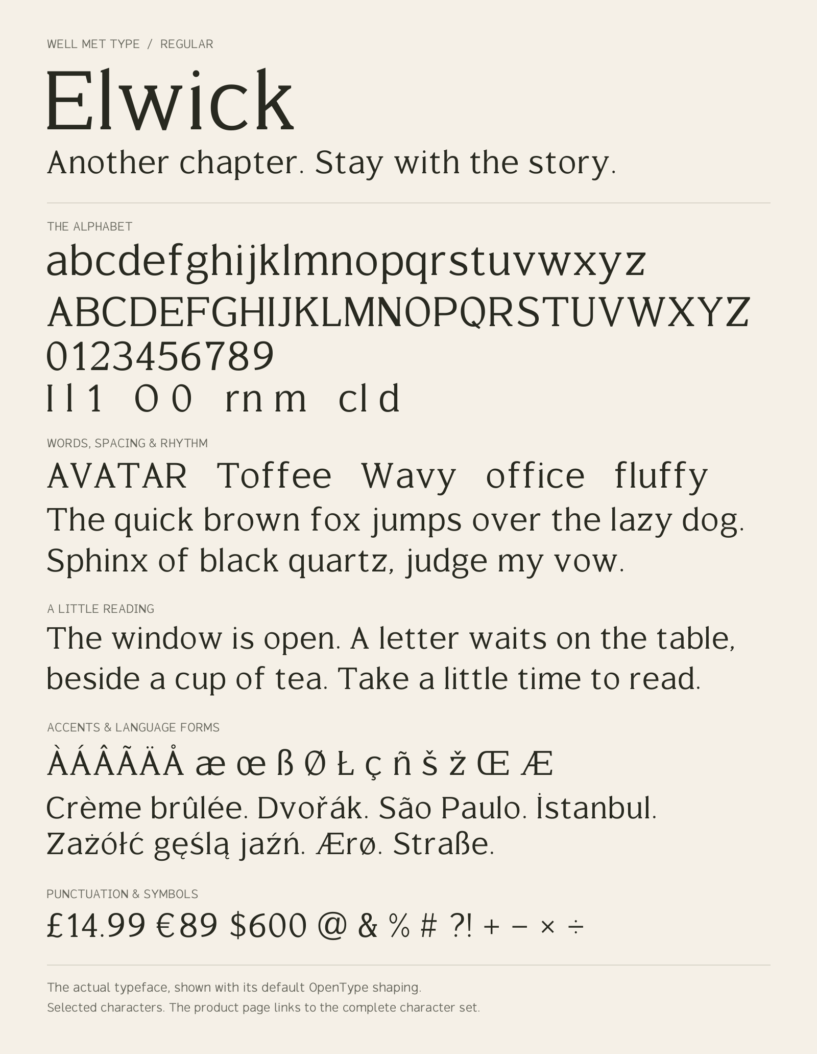 Elwick Regular alphabet sheet: uppercase, lowercase, numbers, sample words, accents and symbols.