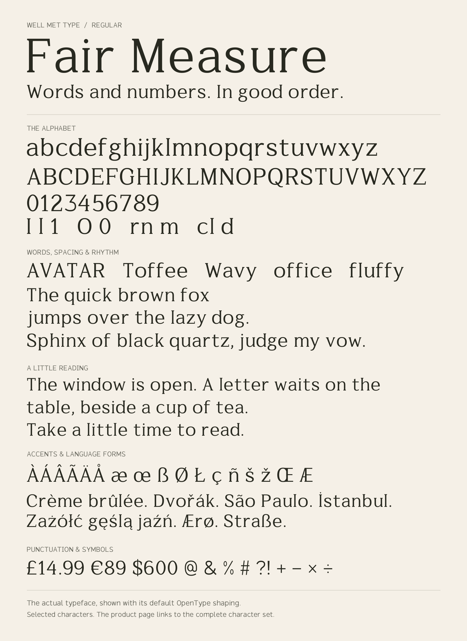 Fair Measure Regular alphabet sheet: uppercase, lowercase, numbers, sample words, accents and symbols.