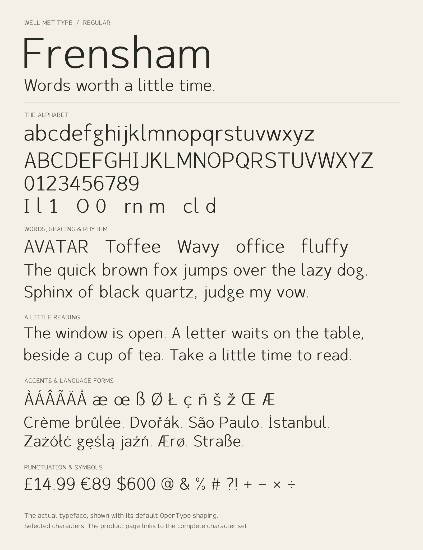 Frensham Regular alphabet sheet: uppercase, lowercase, numbers, sample words, accents and symbols.