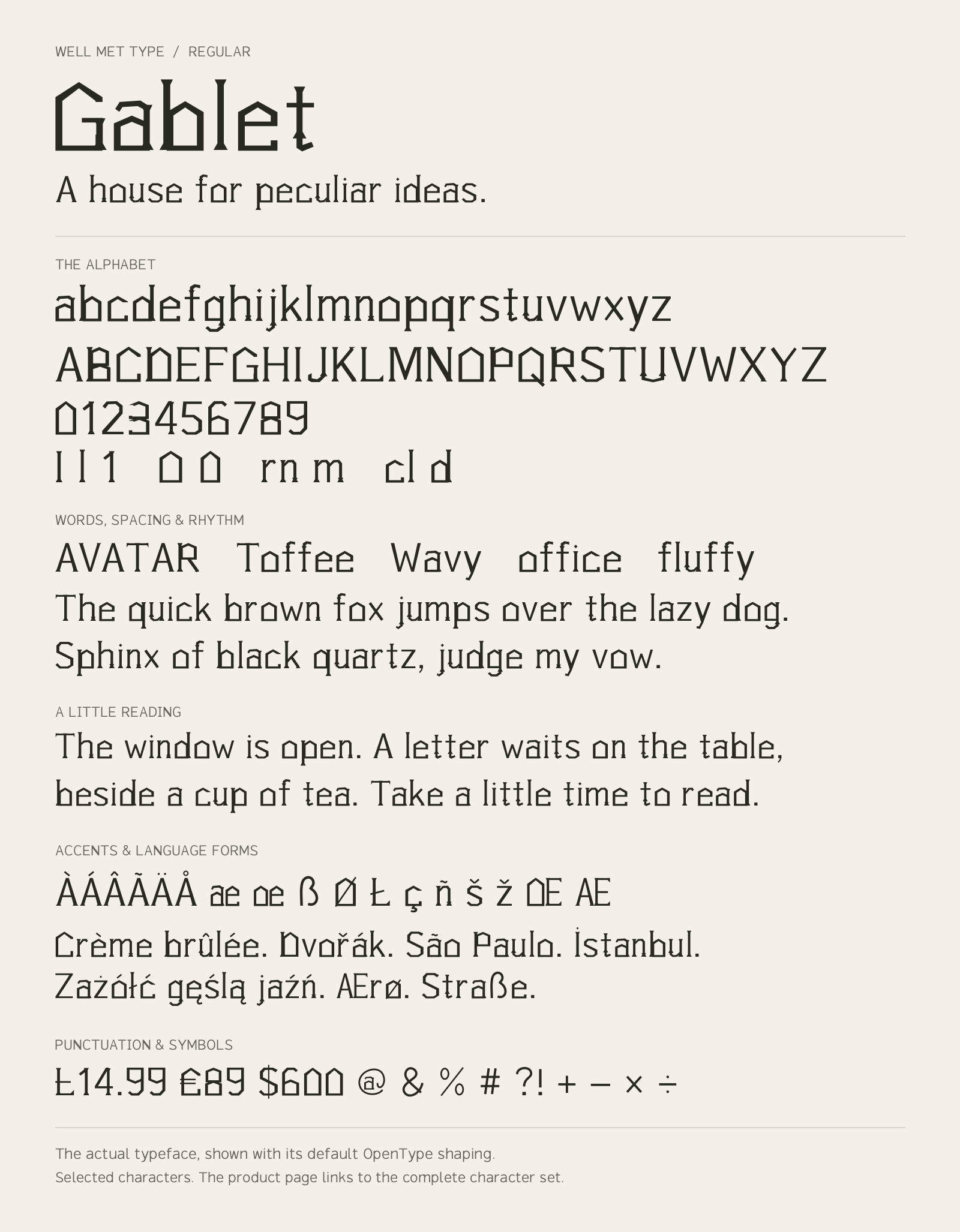 Gablet Regular alphabet sheet: uppercase, lowercase, numbers, sample words, accents and symbols.