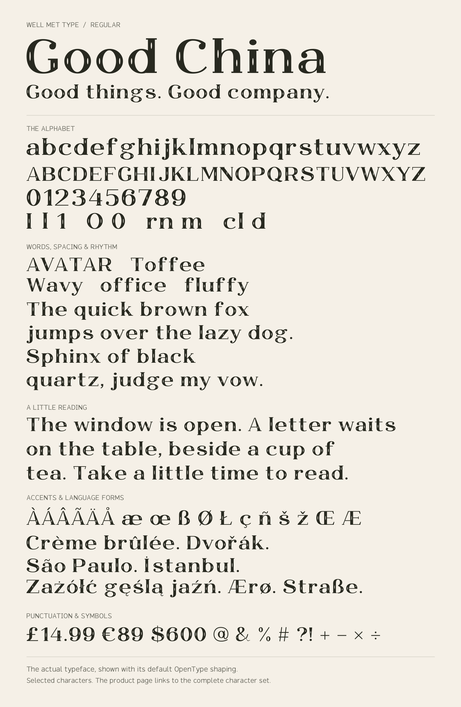 Good China Regular alphabet sheet: uppercase, lowercase, numbers, sample words, accents and symbols.