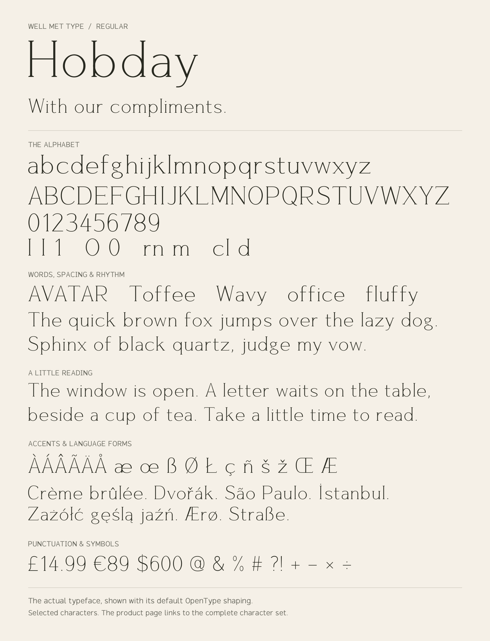 Hobday Regular alphabet sheet: uppercase, lowercase, numbers, sample words, accents and symbols.