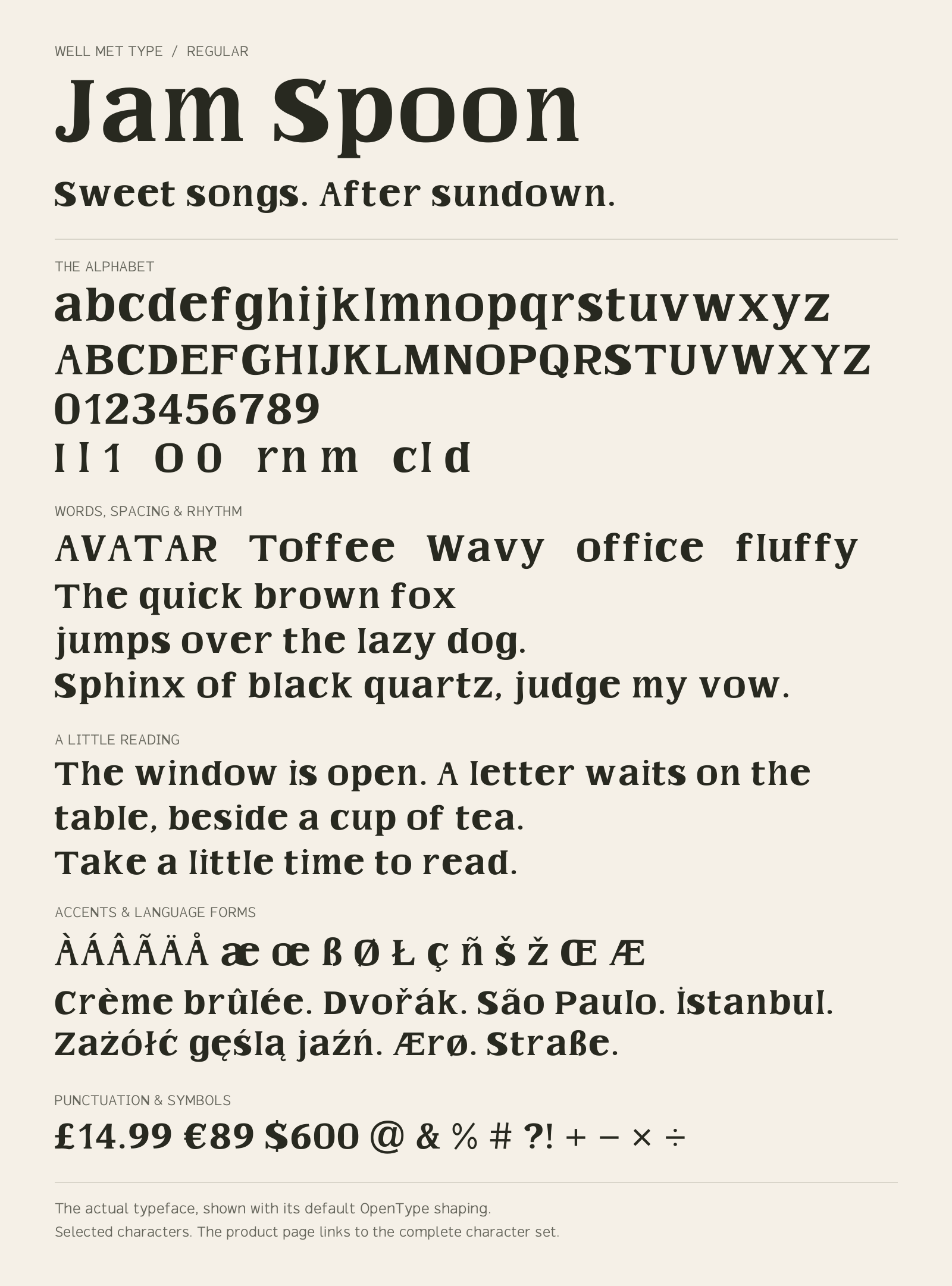 Jam Spoon Regular alphabet sheet: uppercase, lowercase, numbers, sample words, accents and symbols.