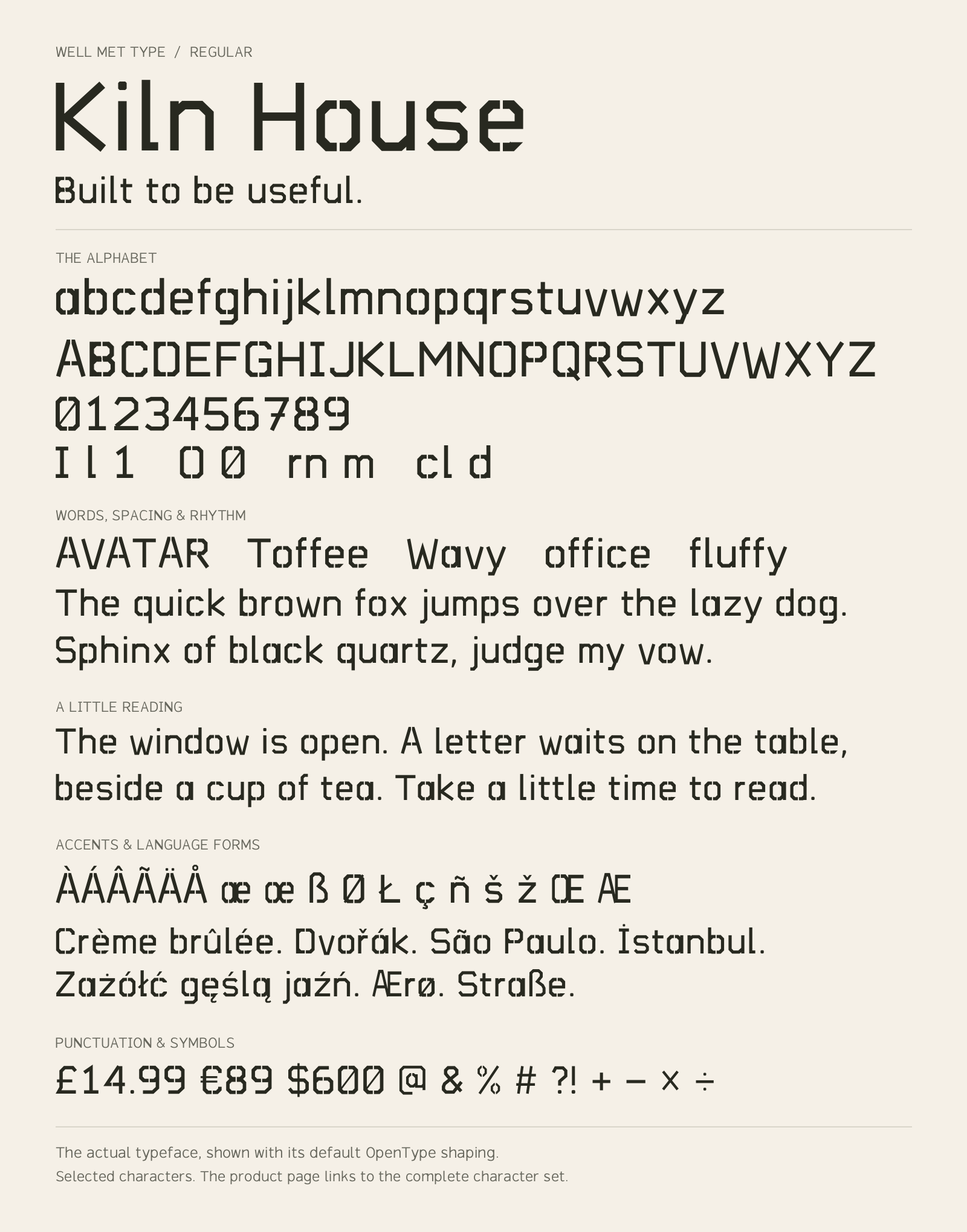 Kiln House Regular alphabet sheet: uppercase, lowercase, numbers, sample words, accents and symbols.
