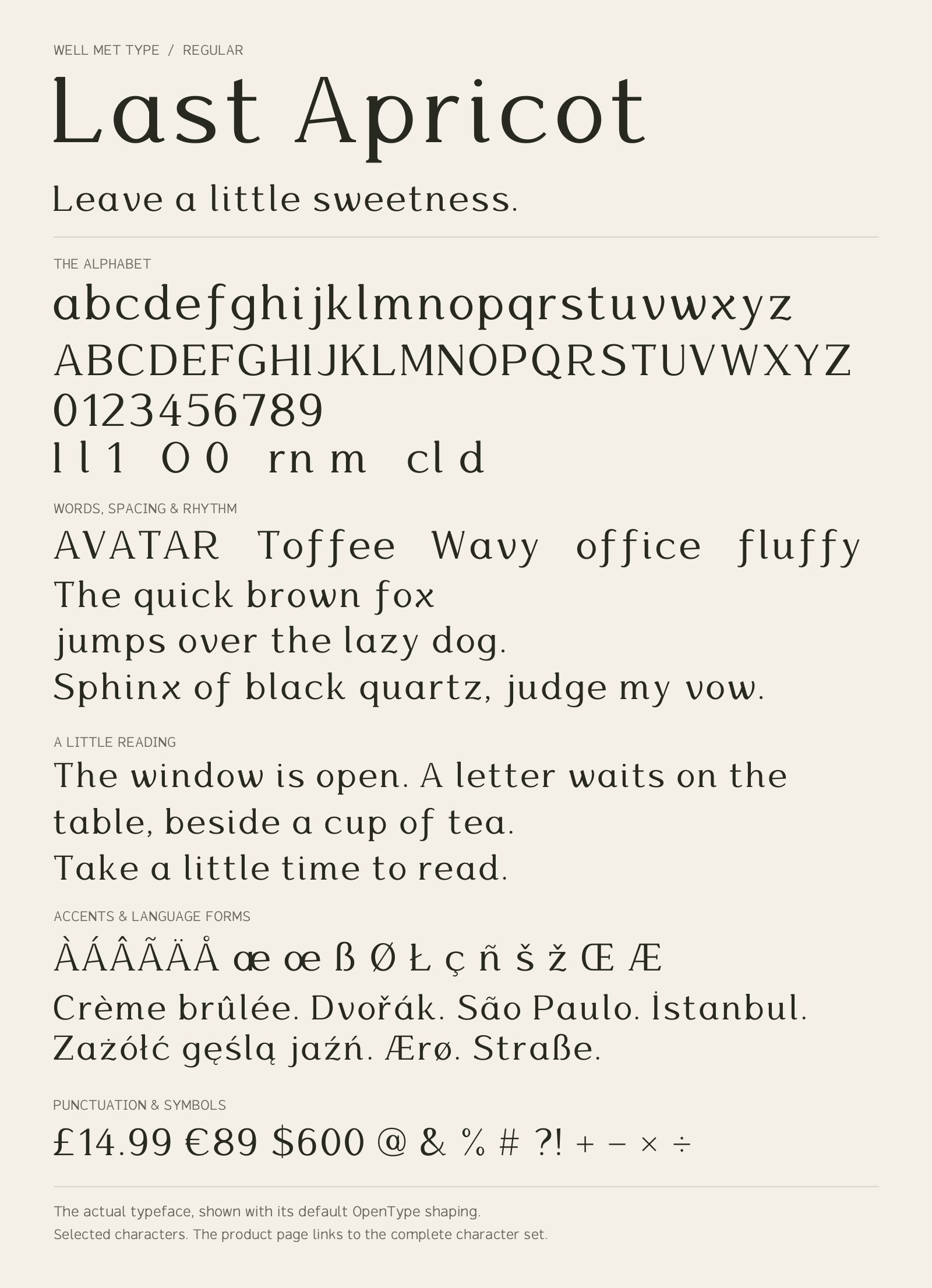 Last Apricot Regular alphabet sheet: uppercase, lowercase, numbers, sample words, accents and symbols.