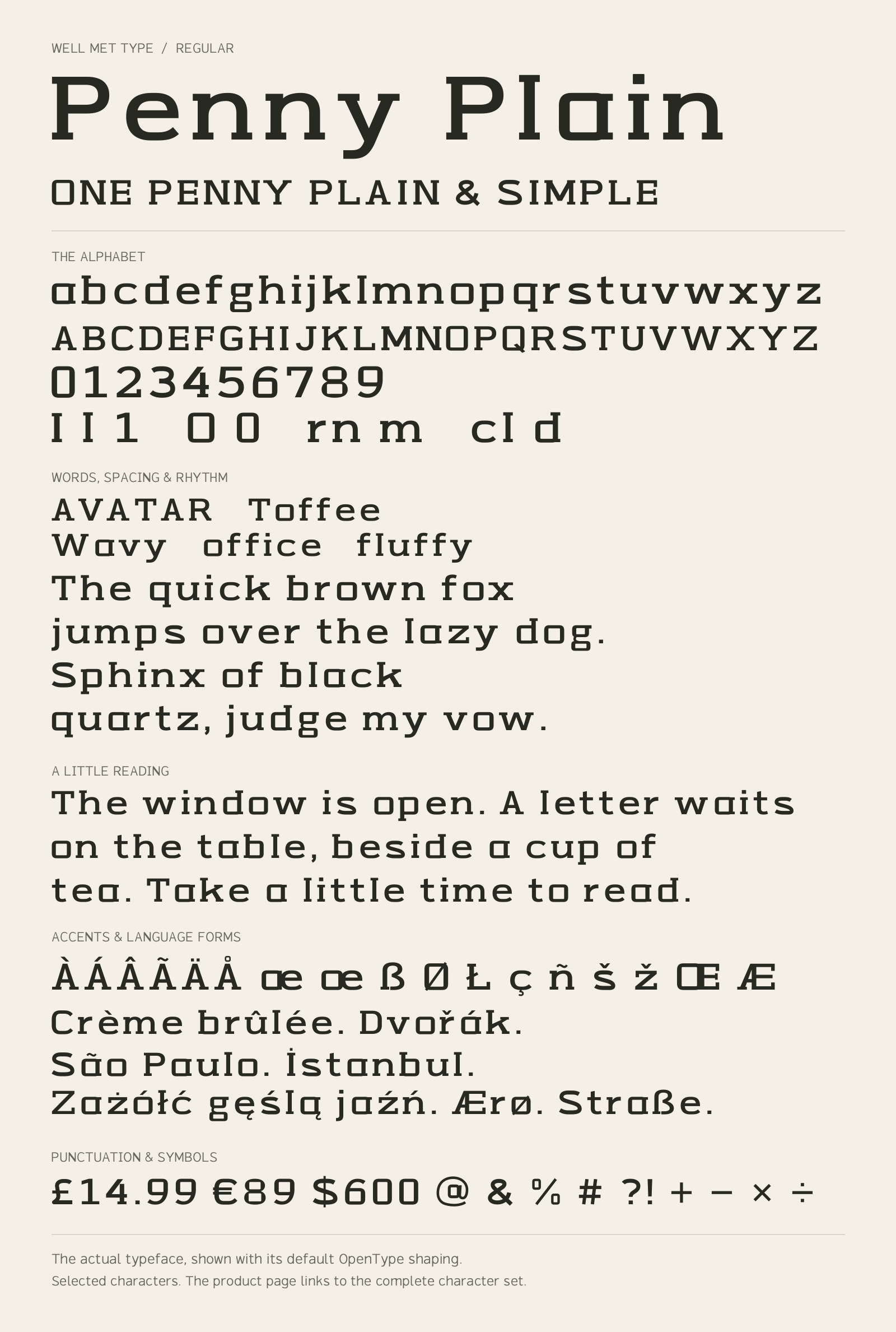 Penny Plain Regular alphabet sheet: uppercase, lowercase, numbers, sample words, accents and symbols.