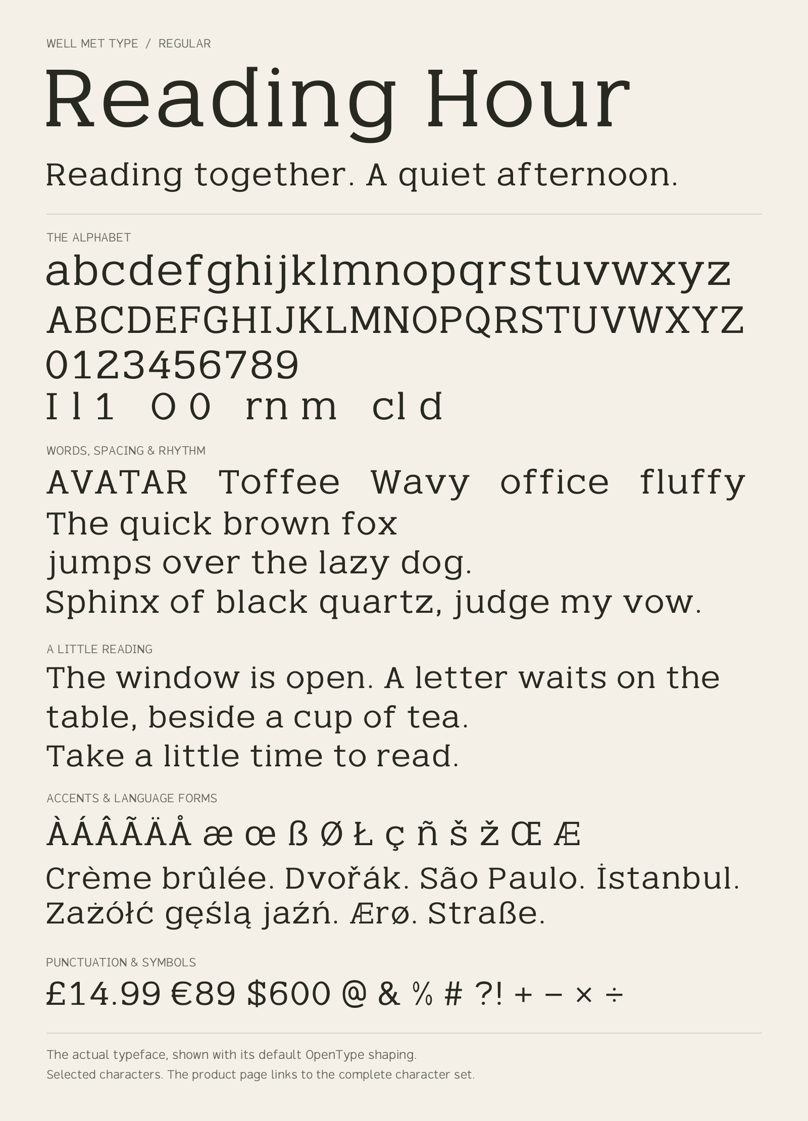 Reading Hour Regular alphabet sheet: uppercase, lowercase, numbers, sample words, accents and symbols.