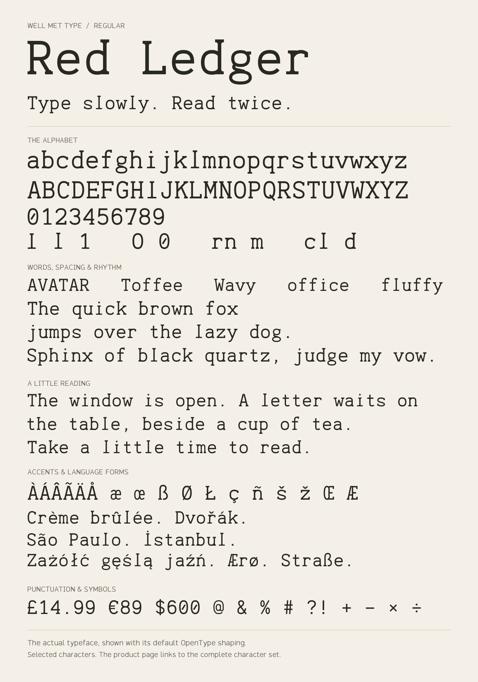 Red Ledger Regular alphabet sheet: uppercase, lowercase, numbers, sample words, accents and symbols.