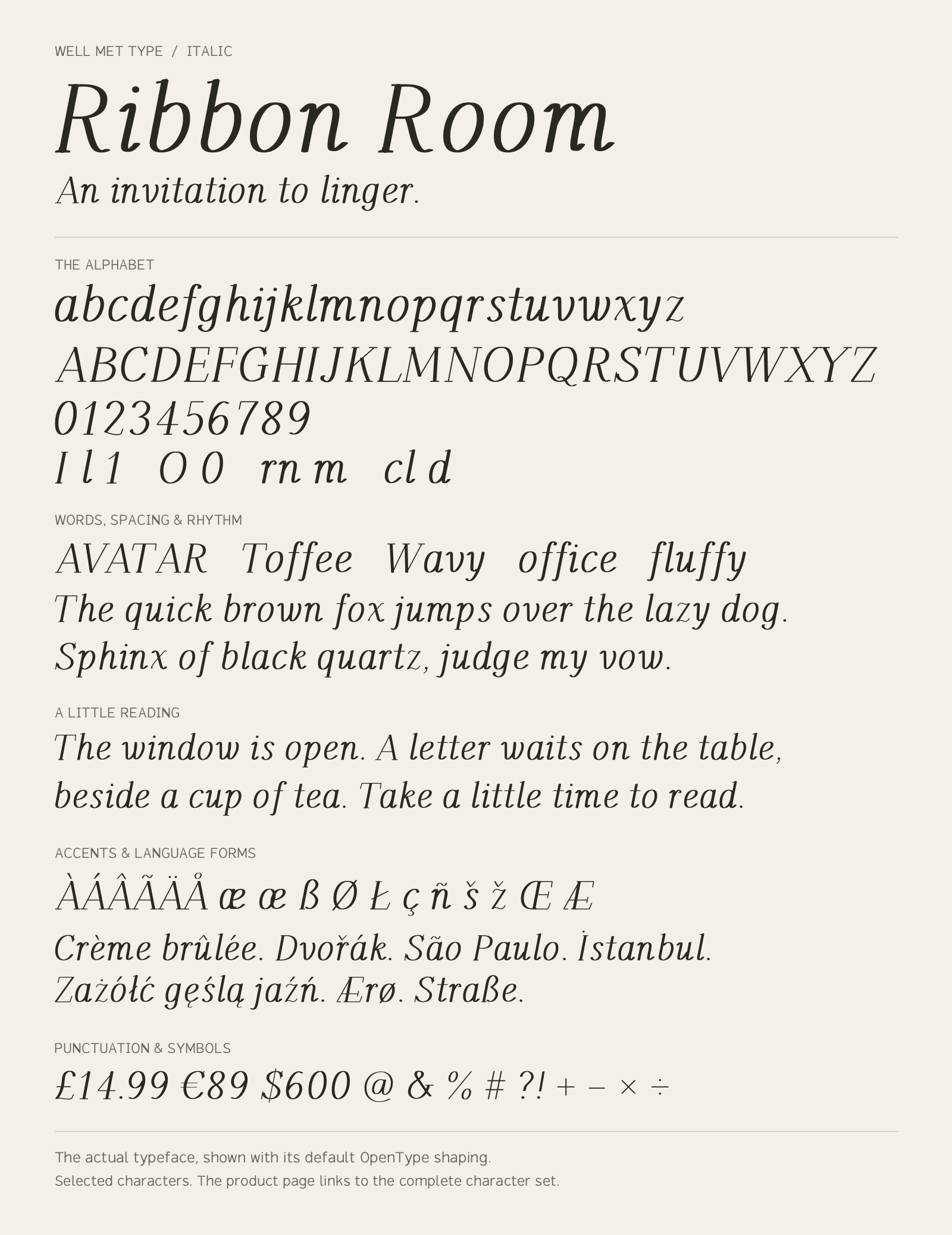 Ribbon Room Italic alphabet sheet: uppercase, lowercase, numbers, sample words, accents and symbols.