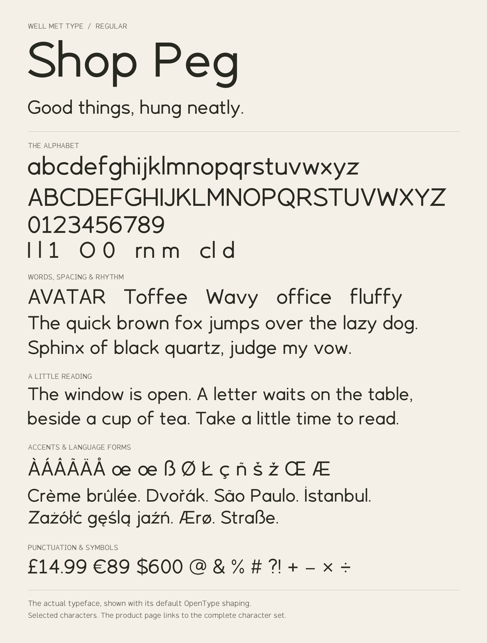 Shop Peg Regular alphabet sheet: uppercase, lowercase, numbers, sample words, accents and symbols.
