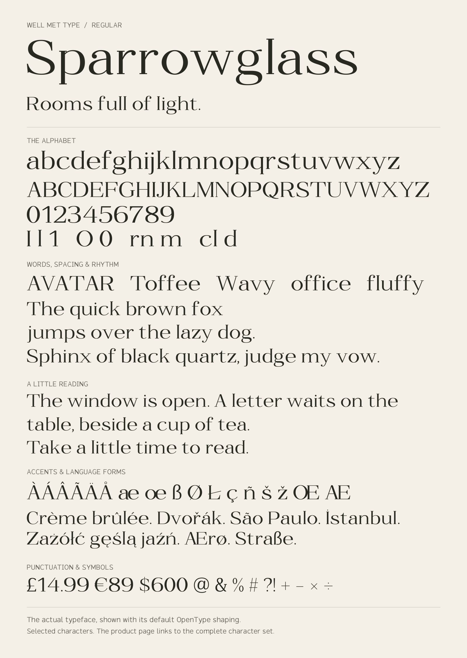 Sparrowglass Regular alphabet sheet: uppercase, lowercase, numbers, sample words, accents and symbols.