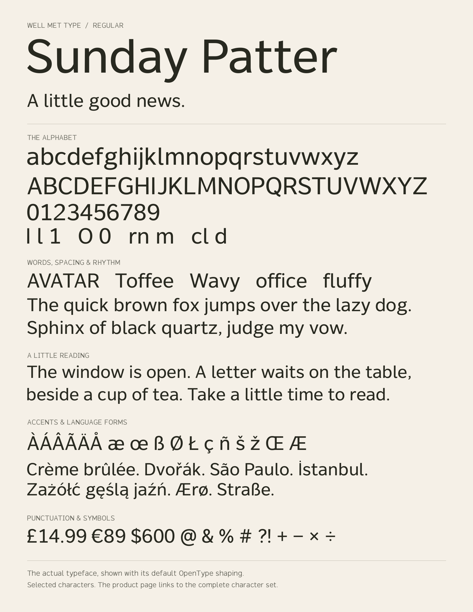 Sunday Patter Regular alphabet sheet: uppercase, lowercase, numbers, sample words, accents and symbols.