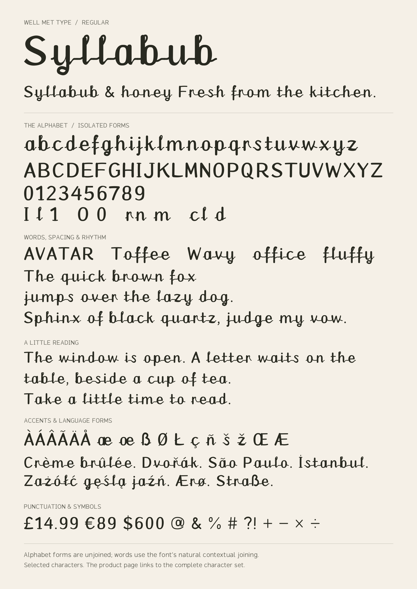 Syllabub Regular alphabet sheet: uppercase, lowercase, numbers, sample words, accents and symbols.