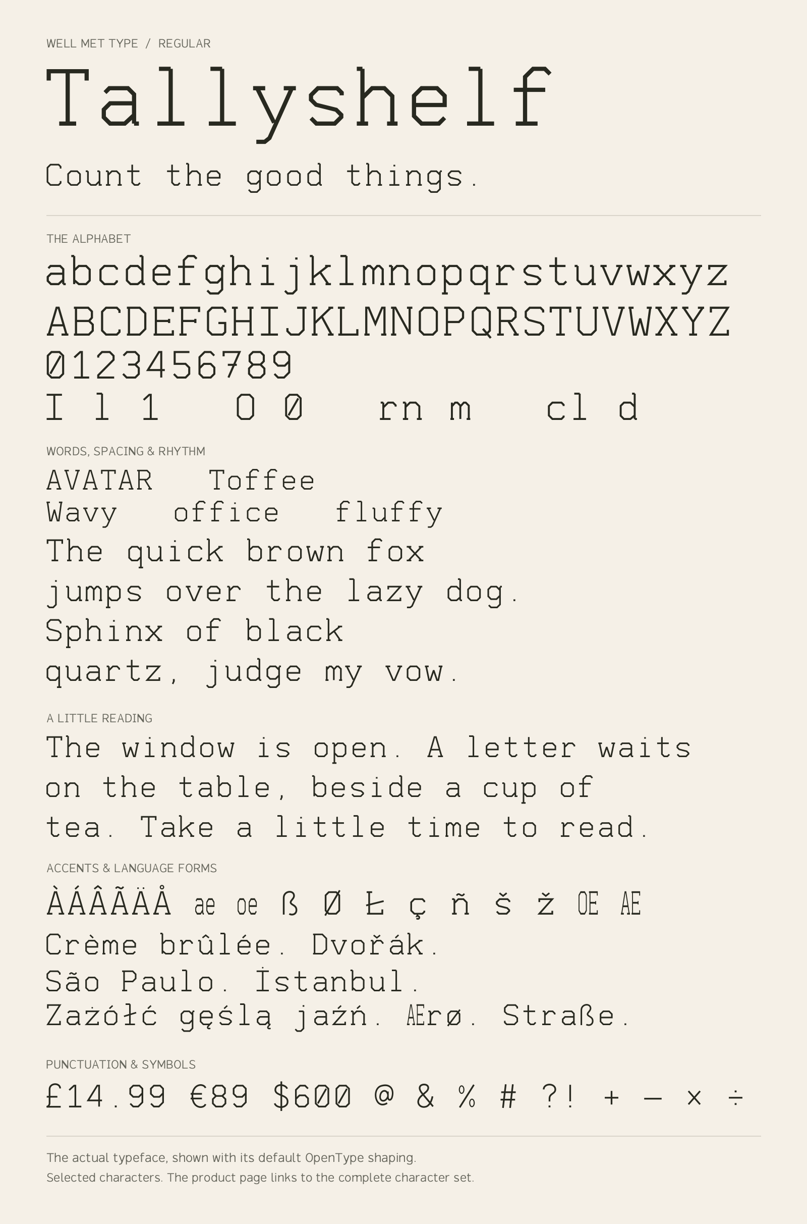 Tallyshelf Regular alphabet sheet: uppercase, lowercase, numbers, sample words, accents and symbols.